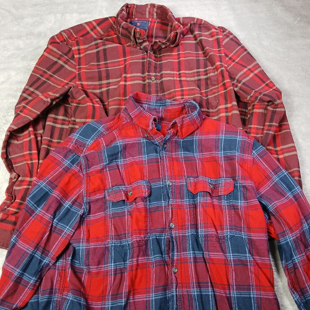 Lot of 2 Mens Large L Red Maroon Plaid Flannel LS Button Down Shirts Cabincore